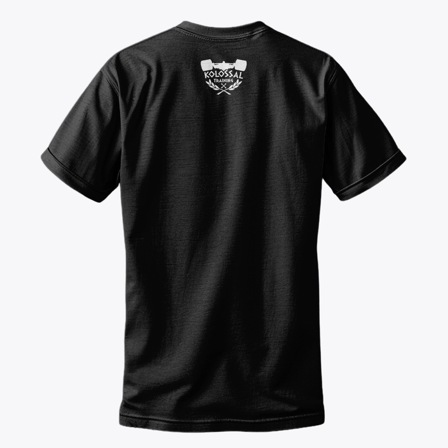 Back view of the black Kolossal Training T-shirt, featuring the official Kolossal Training logo in white near the neck, representing the brand's commitment to excellence and discipline in high-performance training.