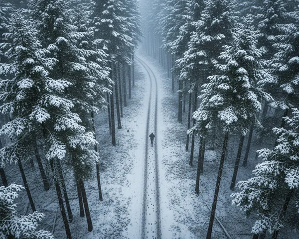 Vista aérea de un atleta corriendo solo por un bosque nevado en el reto de distancia Kolossal de 45 días
