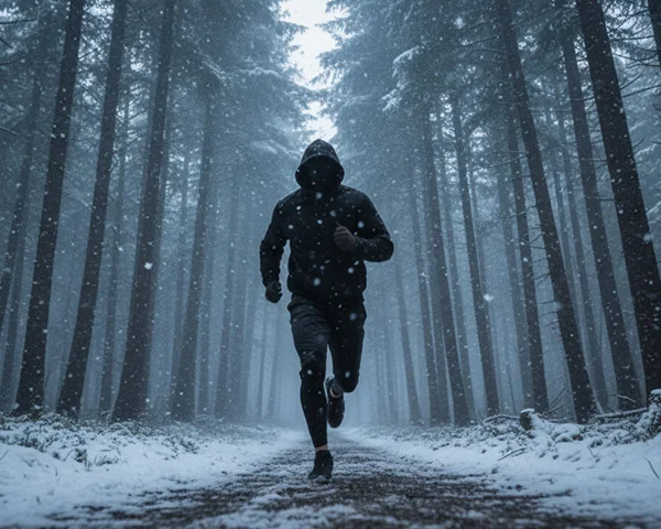 Atleta con capucha corriendo bajo la nieve representando disciplina en el reto Kolossal