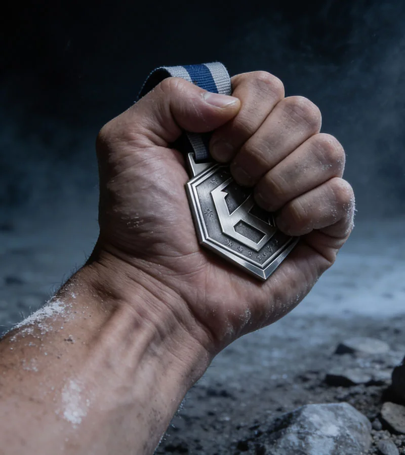 Mano sosteniendo la medalla Kolossal The Call del reto de 60 días en un entorno oscuro y frío de piedra