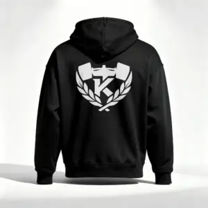Black Kolossal Core hoodie featuring large white K emblem on the back, premium heavyweight fitness and streetwear apparel