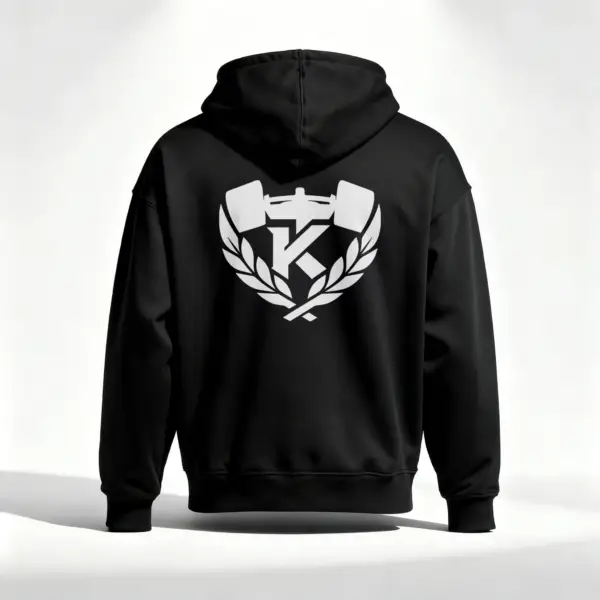 Black Kolossal Core hoodie featuring large white K emblem on the back, premium heavyweight fitness and streetwear apparel