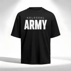 Black oversized t-shirt with bold “KOLOSSAL ARMY” print on the front, modern athletic streetwear design.