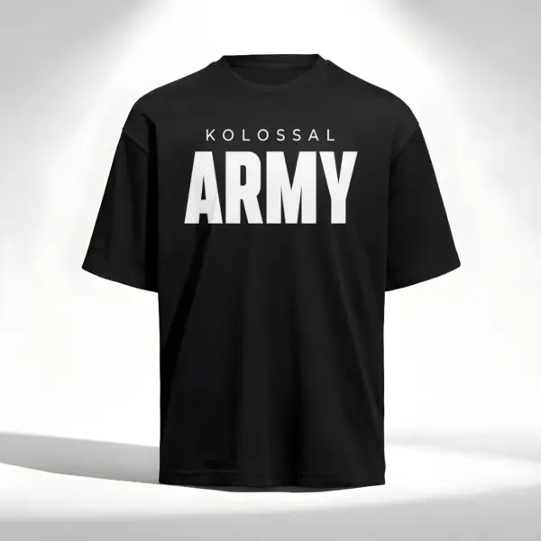 Black oversized t-shirt with bold “KOLOSSAL ARMY” print on the front, modern athletic streetwear design.