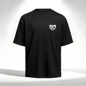 Black oversized t-shirt with small “Kolossal” emblem on the chest, featuring barbell and laurel logo, minimalist athletic streetwear.