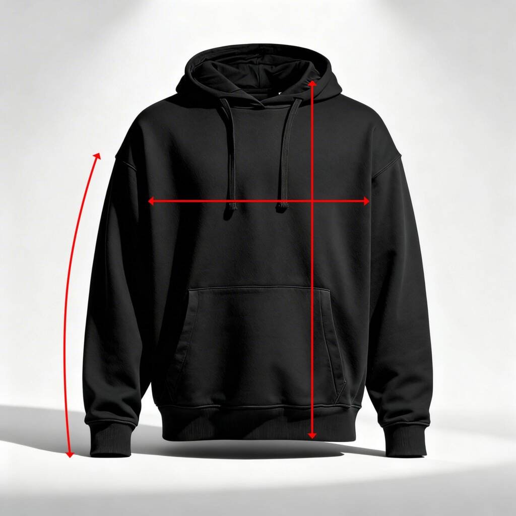 Hoodie size guide showing measurement points for chest, length and sleeve on a loose fit hoodie