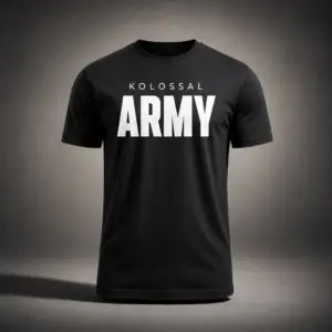 Kolossal Army regular fit black gym t-shirt with bold white ARMY typography on the front, photographed in a premium dark studio setting with cinematic lighting. Athletic men’s training shirt designed for hybrid athletes, fitness, and streetwear performance style.