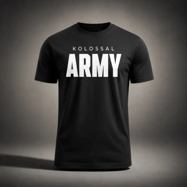 Kolossal Army regular fit black gym t-shirt with bold white ARMY typography on the front, photographed in a premium dark studio setting with cinematic lighting. Athletic men’s training shirt designed for hybrid athletes, fitness, and streetwear performance style.