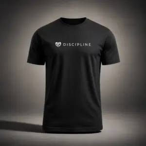 Black Kolossal Discipline regular fit gym t-shirt with minimalist white Discipline chest print photographed in a cinematic dark studio environment. Premium athletic performance shirt designed for hybrid training and everyday wear.