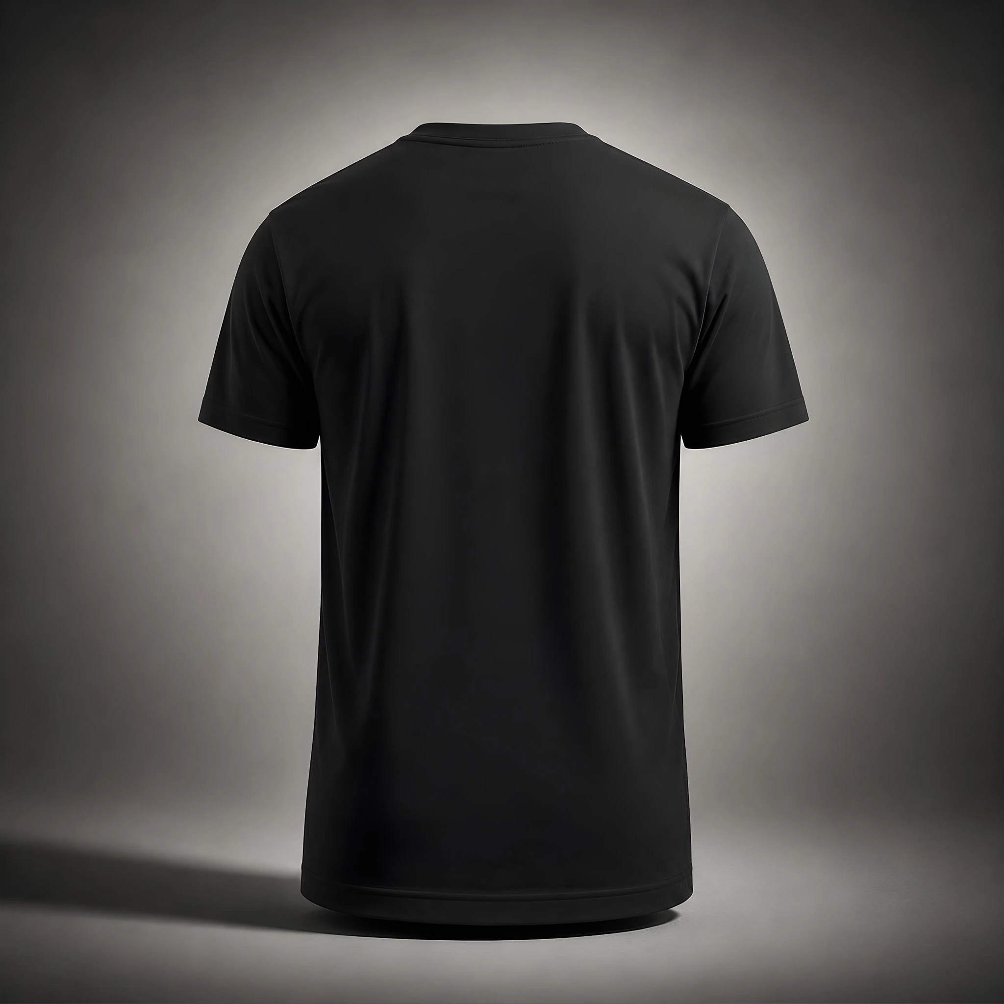 Vista trasera de camiseta deportiva negra Kolossal regular fit sobre fondo oscuro cinematográfico. Camiseta premium minimalista diseñada para entrenamiento híbrido y uso diario.