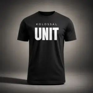 Black Kolossal Unit regular fit gym t-shirt with bold white UNIT typography on the chest, photographed in a cinematic dark studio environment. Premium athletic performance shirt designed for hybrid training and minimalist streetwear aesthetics.