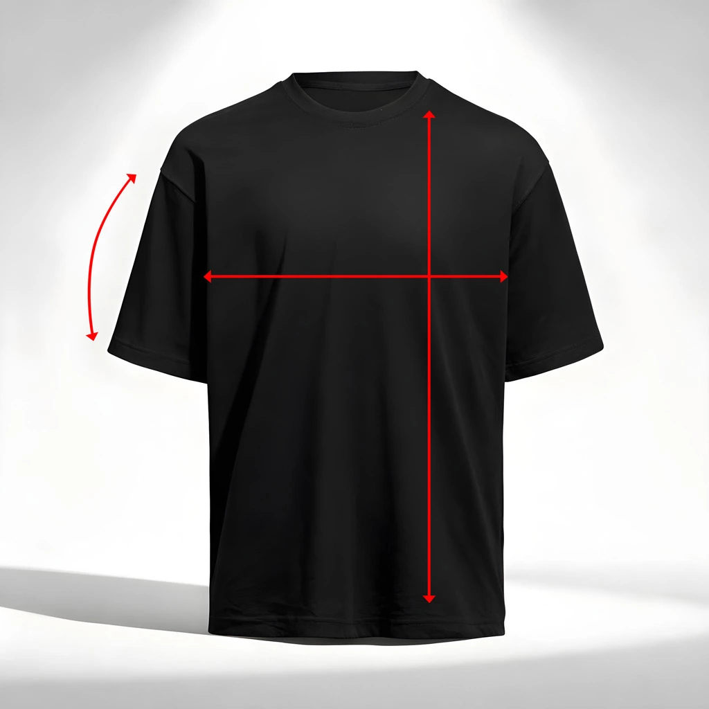 Kolossal loose fit t-shirt size guide showing chest width, body length and sleeve measurements on a black oversized t-shirt