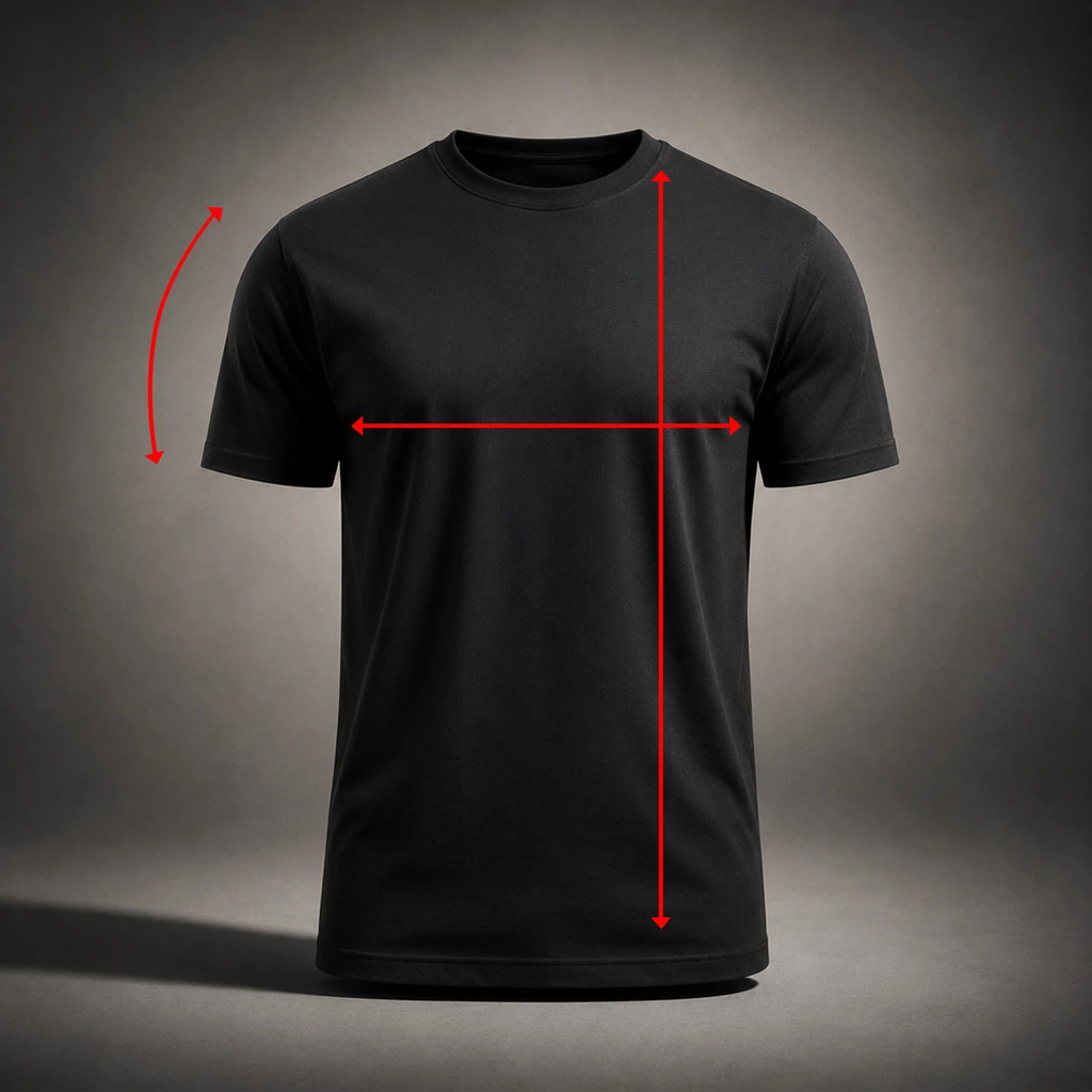 Size guide illustration for the Kolossal regular fit t-shirt showing chest width, body length and sleeve measurements on a black athletic shirt in a cinematic studio background with red measurement indicators.