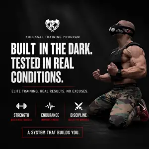 Kolossal Training Program promotional image featuring a hybrid athlete wearing a training mask and weighted vest with strength, endurance and discipline pillars