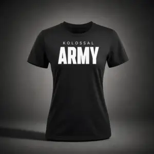 Front view of the Kolossal Army Regular Women's T-Shirt featuring the bold KOLOSSAL ARMY graphic on premium black 180 GSM fabric.