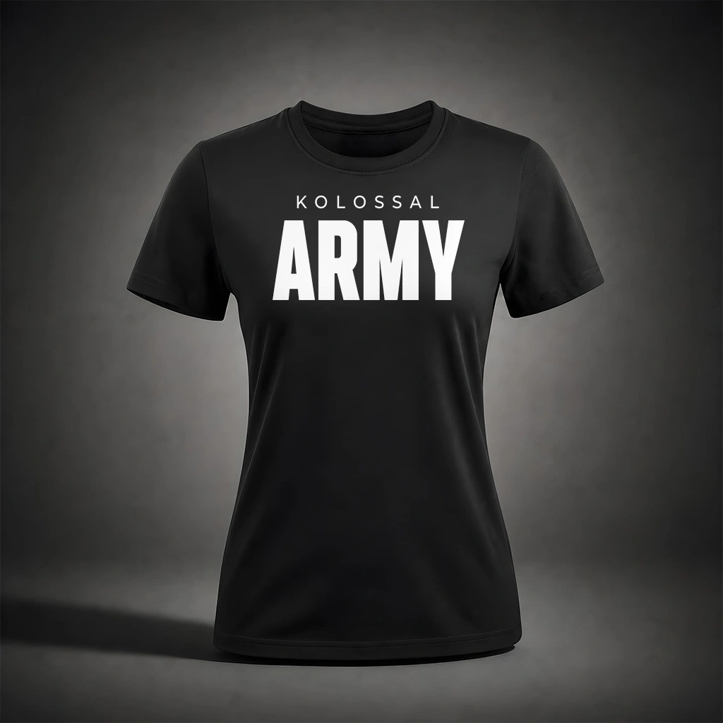 Front view of the Kolossal Army Regular Women's T-Shirt featuring the bold KOLOSSAL ARMY graphic on premium black 180 GSM fabric.