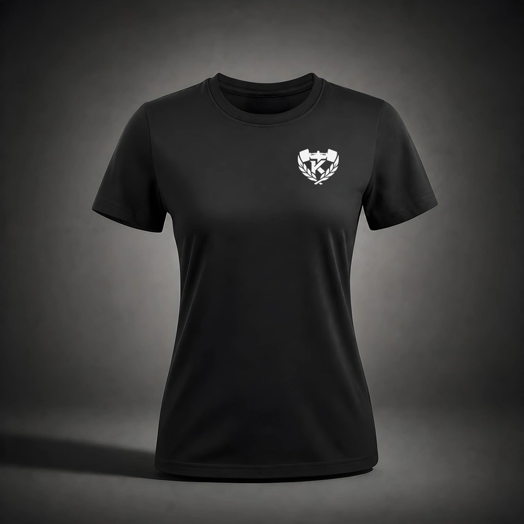 Front view of the Kolossal Core Regular Women's T-Shirt featuring the iconic Kolossal crest on premium black 180 GSM fabric.