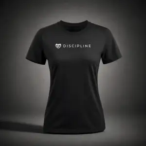 Front view of the Kolossal Discipline Regular Women's T-Shirt featuring the DISCIPLINE print on premium black 180 GSM fabric.