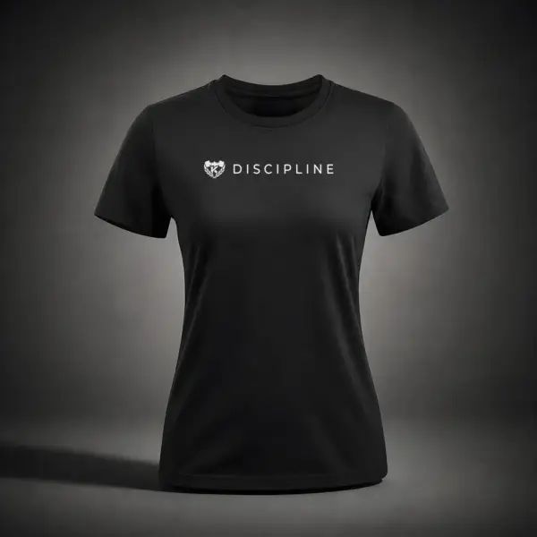 Front view of the Kolossal Discipline Regular Women's T-Shirt featuring the DISCIPLINE print on premium black 180 GSM fabric.