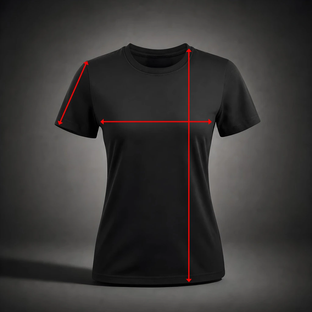 Size guide illustration for the Kolossal regular fit woman t-shirt showing chest width, body length and sleeve measurements on a black athletic shirt in a cinematic studio background with red measurement indicators.