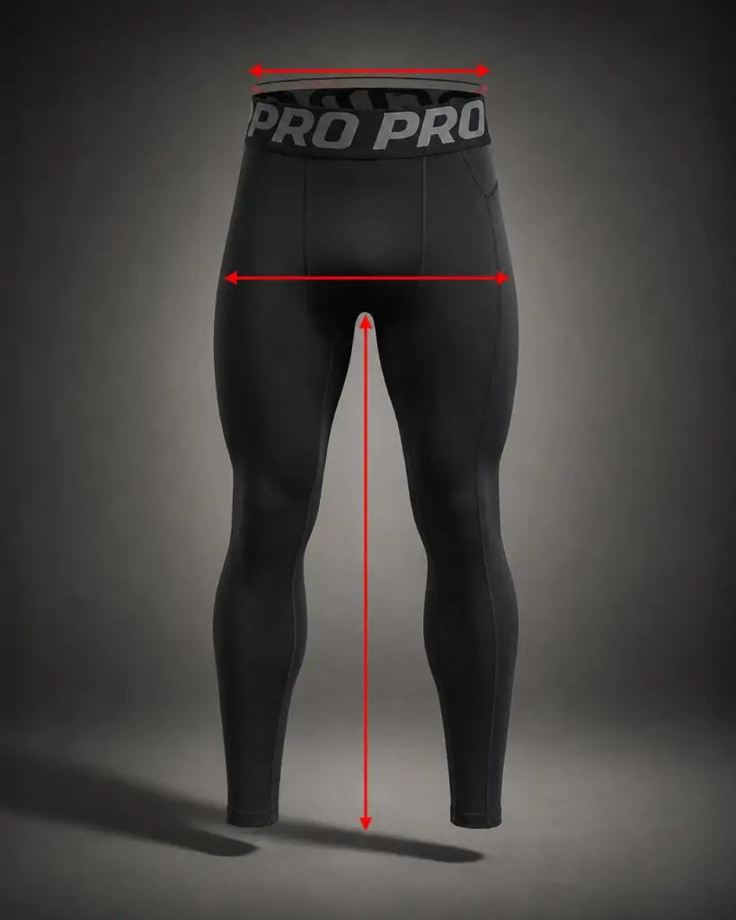 Compression leggings size guide illustration showing front view of black performance leggings with red measurement arrows indicating waistband width, hip width and total length for accurate sizing.