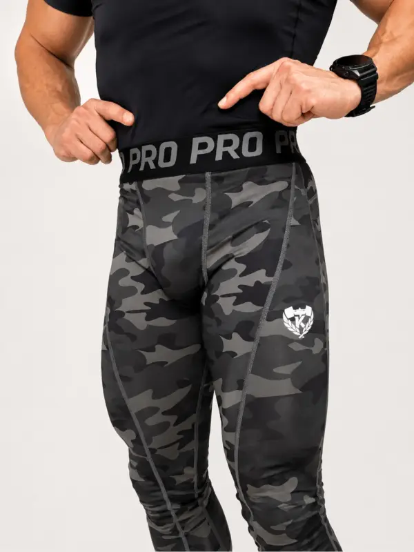 Men's Kolossal Tactical Compression Leggings featuring a dark camo compression fit.