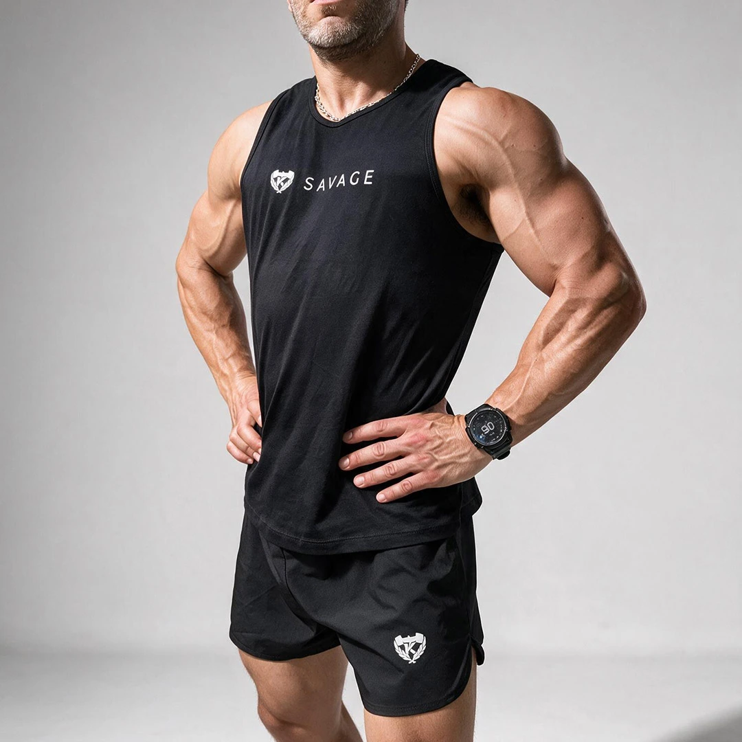 SAVAGE men’s training tank top by KOLOSSAL – three-quarter view