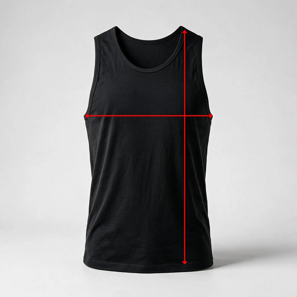 KOLOSSAL tank top size guide showing width and length measurements