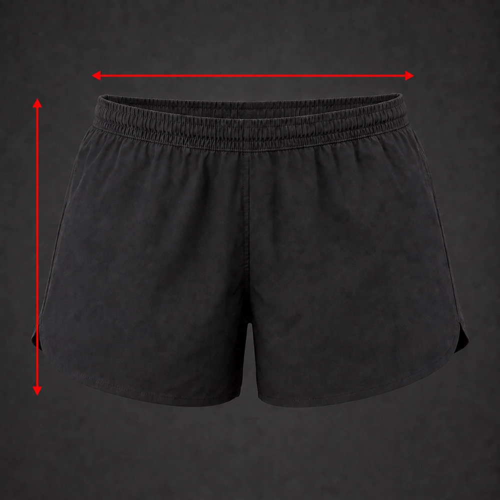 KOLOSSAL Core men’s training shorts size guide showing waist width and short length measurements